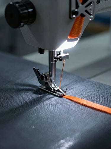 Macro close-up of heavy industrial sewing machine needle piercing thick canvas, high-contrast cool fluorescent lighting, desaturated slate tones with safety orange thread.