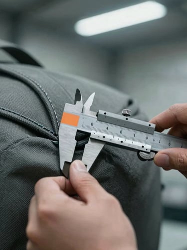 Close-up macro shot of an engineer's hands using a steel caliper to measure the seam tolerances of a heavy canvas bag, cool industrial lighting, desaturated slate tones with safety orange markings on the caliper.