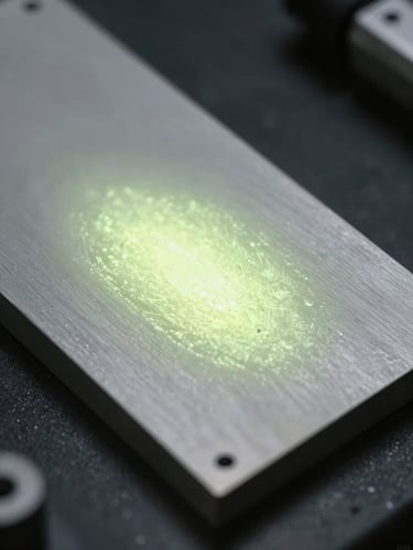 Macro photograph of textured photoluminescent coating applied to a steel test plate, glowing with a soft yellow-green light in a darkened laboratory setting, technical and precise framing.