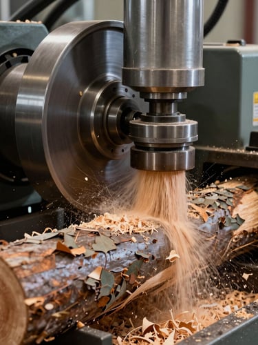 Close-up of heavy rotary peeling machinery peeling a eucalyptus log with high precision, wood shavings flying, industrial lighting.