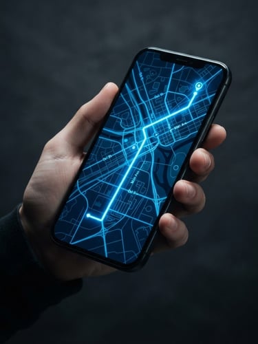 Sleek modern smartphone displaying a glowing electric blue interactive map route, high-contrast dark studio lighting, crisp tech product photography
