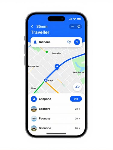 Crisp tech product photography of a smartphone screen displaying a dynamic travel itinerary map updating in real-time with electric blue accents, studio lighting