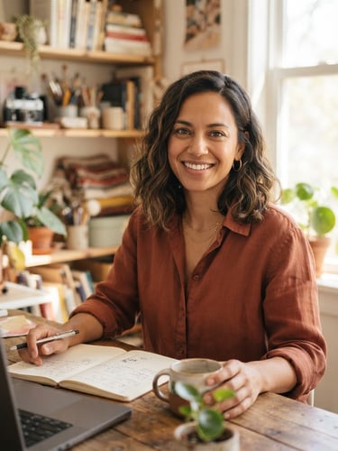 A close-up portrait of a local female entrepreneur in her sunlit workspace, looking confident, natural light, shallow depth of field, 35mm lens