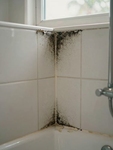 Close-up of badly stained shower tile, thick black mold lines running through white grout joints, cracked caulk peeling at the base corner, photographed under natural bathroom window light — honest, unposed, real Florida bathroom condition