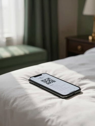 Medium-close shot of an elegant hotel room interior, a smartphone resting on a pristine white duvet showing a clean QR code menu, soft morning window light, premium hospitality aesthetic, 35mm photography