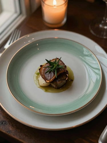 Overhead flat-lay of a premium plated dish, warm ambient lighting, elegant hospitality styling, rich muted tones, 35mm