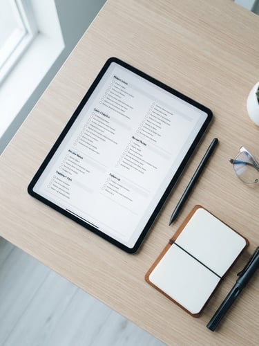 Overhead flat lay of an organized desk, a digital tablet displaying a clean clinical checklist, bright natural daylight, soft cool tones, 35mm lens