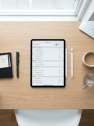 Overhead flat lay of an organized desk with a tablet displaying a structured clinical checklist, clean professional photography, bright natural daylight, soft cool tones, minimalist workspace, sharp focus, 35mm lens