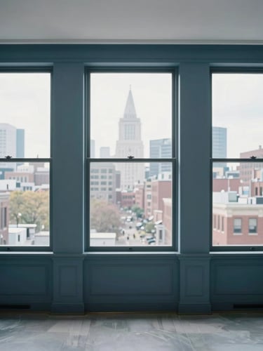 Clean professional insurance agency office interior on Charles Street Boston, soft natural window light, architectural framing