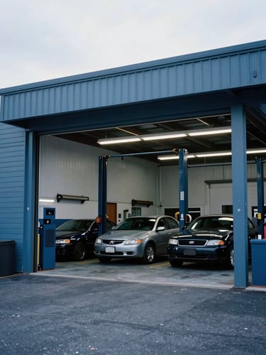 A clean, professional Boston auto repair bay with cool blue tones, natural overcast New England daylight, architectural framing, 35mm.