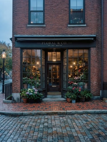 Wide-angle architectural portrait of a classic brick storefront on Charles Street in Boston, soft morning blue-hour light, cobblestone sidewalk, professional and clean atmosphere