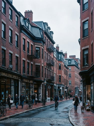 Crisp editorial photography of historic brick buildings on Charles Street Boston, overcast New England daylight, cool blue tones, 35mm