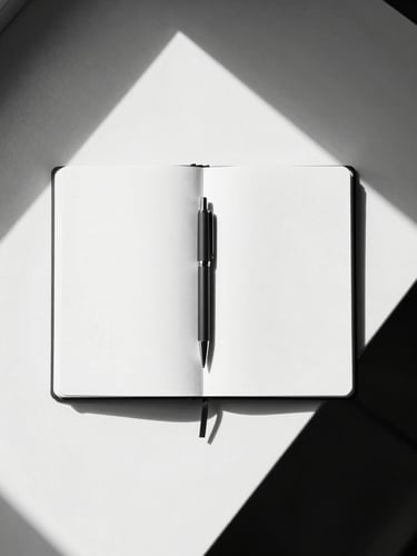 Stark minimalist black and white orthographic top-down photo of a clean desk with a single open notebook, a technical pen, and geometric shadows, sharp lighting.