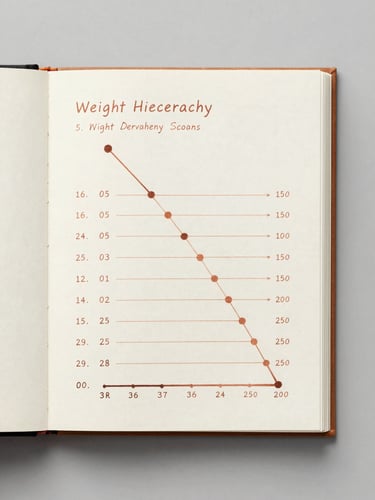 Overhead flat-lay on a light gray surface: open type specimen booklet showing annotated weight hierarchy — heading, subheading, and body size scales with callout lines in terracotta ink, studio diffused light, clean white margins, no decorative props