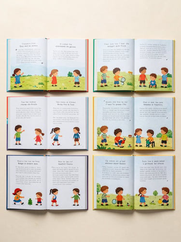 Overhead flat-lay studio shot of four open children's books arranged side by side on a pale surface, each edition showing the same interior spread adapted into English, Spanish, French, and a non-Latin script — clean even studio lighting, books parallel to camera, slight gap between each volume revealing the spine, no hands or props