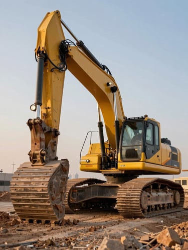 Low-angle powerful shot of a 50-ton heavy excavator operating on an active UAE infrastructure site at golden hour, sharp metallic details, headlights on.