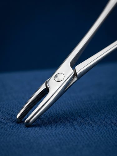 Macro close-up of surgical steel instruments reflecting bright studio light, clinical silver tones, sharp focus, shallow depth of field.