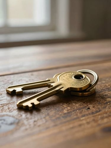 A close-up of brass house keys resting on a rustic oak table, soft morning UK daylight filtering through a window, shallow depth of field.