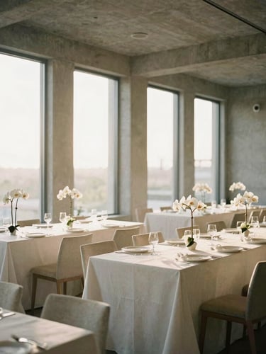 Cinematic wide-angle shot of a minimalist wedding reception in an architectural concrete venue, soft golden hour light streaming through tall windows, long clean tables with white linen and single-stem white orchids, 35mm film style.