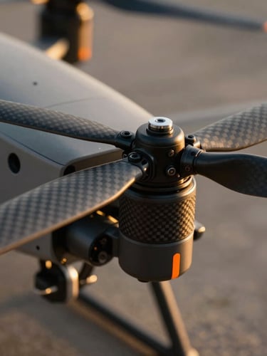 Extreme close-up of a professional heavy-lift drone carbon-fiber propeller and motor, safety orange markings, crisp morning light.