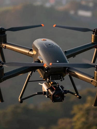 Extreme close-up of a professional heavy-lift drone rig with carbon fiber rotors, orange safety markers, crisp morning light, sharp technical details, 35mm