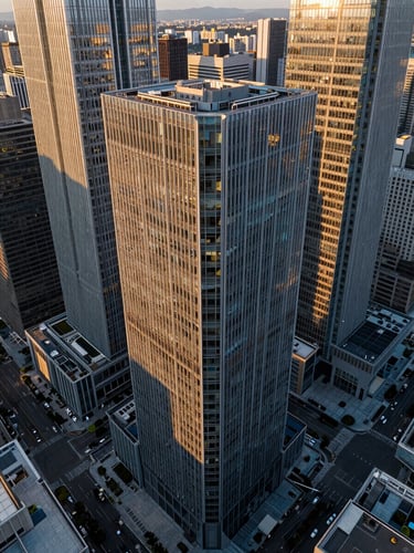 Cinematic drone view tracking between modern glass skyscrapers in a dense city center, golden hour light reflecting off windows, sharp technical composition