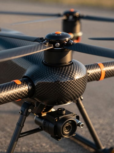 Extreme close-up of a professional heavy-lift drone carbon fiber rotor and motor assembly, sharp orange safety markers, crisp morning light, high contrast technical detail, 35mm