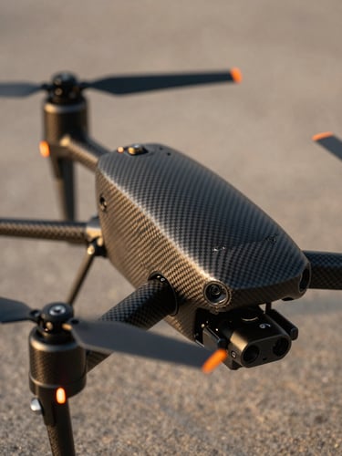 Extreme close-up of drone mechanics, carbon fiber rotors, orange safety indicator lights, high-contrast technical details, sharp focus