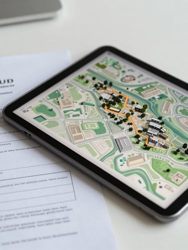 Close-up of legal land title documents and a modern tablet displaying a 3D topographic map of a plot, clean minimalist desk background