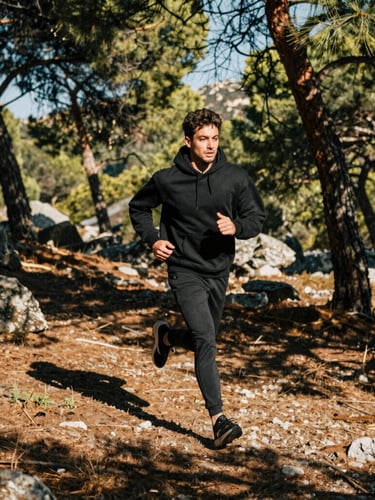 Dynamic wide shot of a 23-year-old athletic male model in a heavy black hoodie running through a rugged Mediterranean pine forest, harsh natural sunlight, high-contrast shadows, 35mm film grain