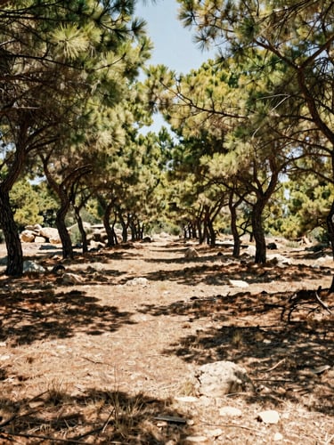 Wide panoramic view of a rugged pine forest in Castellón, Spain, harsh direct sunlight cutting through pine branches, dry ground, warm Mediterranean tones.