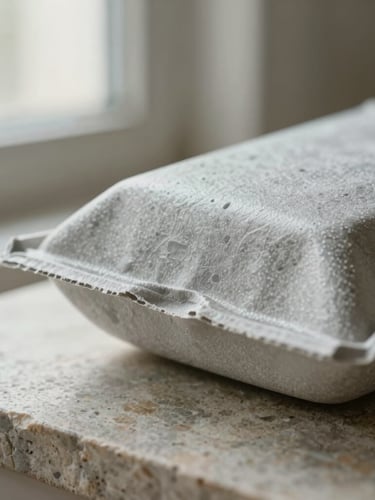 Macro detail shot of a textured, light gray molded pulp packaging prototype resting on a raw limestone surface, soft diffused window light from the left, shallow depth of field, 35mm.