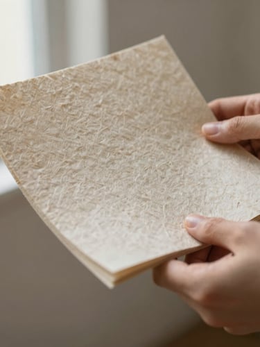 Close-up of hands holding a thick, textured sheet of plant-fiber paper against a neutral background, soft diffused north-facing light, shallow depth of field, 35mm editorial photography.