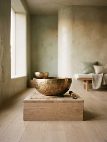 A minimalist luxury sound healing sanctuary with polished plaster walls, a single large brass singing bowl on a low wooden plinth, soft ambient twilight lighting, 35mm photography.