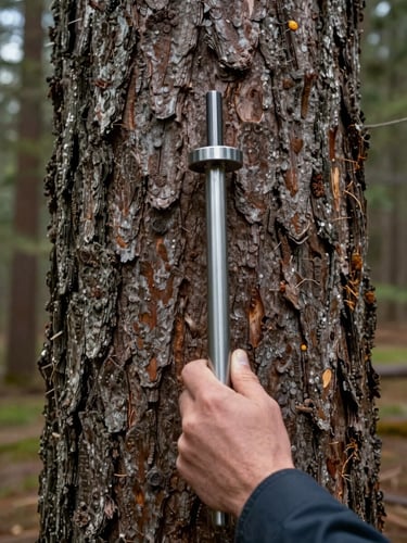 A close-up of a researcher's hand holding a metal increment borer against the bark of a mature Douglas fir, soft natural field lighting