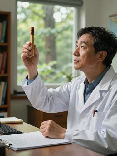 A forest scientist in a quiet office lined with books and maps, holding an increment borer wood core sample up to natural window light, thoughtful expression.
