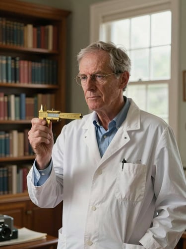 Environmental portrait of Dr. Robert Froese in a quiet home study, warm natural window light, floor-to-ceiling bookshelves in the background, holding a vintage brass caliper, thoughtful expression.