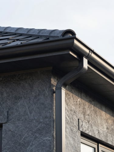 Tight detail shot of perfect flashing and gutter joints on a modern home, early morning light, sharp focus.