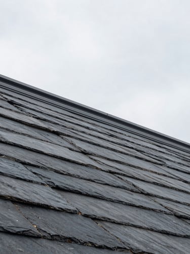 Low-angle architectural shot of a pristine modern flat roofline, overcast morning light, sharp focus, slate and charcoal tones.