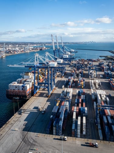 Wide environmental shot of a modern deep-water port terminal with container cranes, cool crisp daylight, high-contrast architectural shadows, deep blue and sharp white tones, wide-angle lens