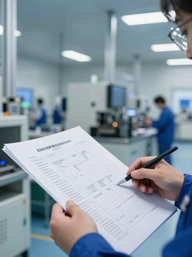 Close-up of industrial quality control inspector reviewing a technical manifest in a clean European manufacturing facility, cool daylight, sharp focus