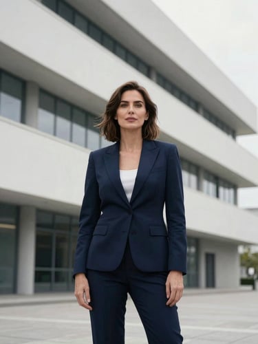 Professional studio portrait of female director Daiana Covaci, neutral background, sharp corporate attire, cool daylight, confident expression