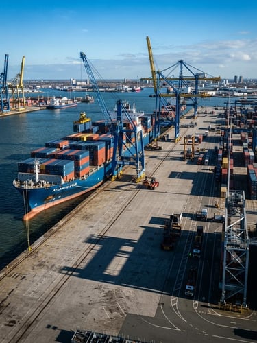 Wide environmental shot of a modern deep-water freight terminal with blue container ships under crisp daylight, high-contrast architectural shadows