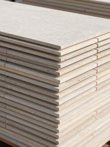 Close-up of neatly stacked architectural-grade vitrified tile slabs in a bright, organized wholesale warehouse, natural side light, neutral stone tones, sharp focus, 35mm