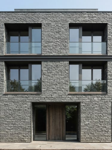 Straight-on architectural shot of a modern building facade with rugged grey slate cladding, bright natural daylight, neutral stone tones, sharp focus, 35mm