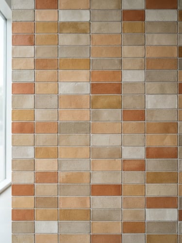 Straight-on architectural shot of stacked matte ceramic wall tiles in warm clay and neutral stone tones, clean showroom lighting, 35mm