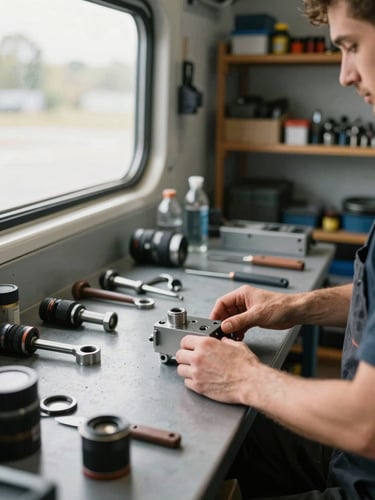 Wide environmental shot of a tradesperson's repair bench in a Van workshop, tools arranged on the counter, natural daylight from a side window, hands adjusting a component in the foreground, shelves of parts visible in the background