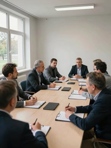 Wide environmental shot of a meeting room in Van, business owners seated around a long table mid-discussion, ledgers and documents visible, natural daylight from windows to the left, real working faces engaged in conversation, documentary framing