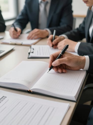 Close-up of hands over an open ledger and printed agenda sheets on a meeting table, Van business owners in background slightly out of focus, natural window light from the left, documentary framing