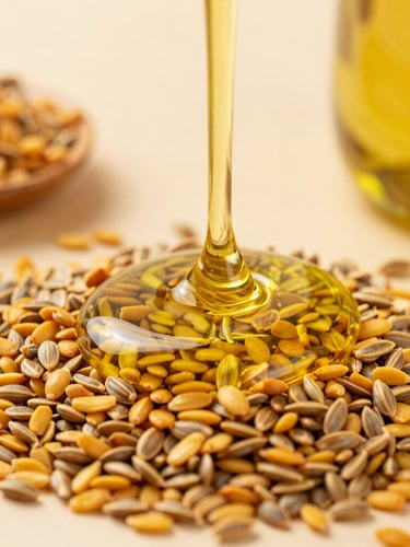 High-detail macro shot of golden mustard seeds and rich flowing cold-pressed mustard oil, warm earth tones, sharp focus, bright studio lighting, 35mm